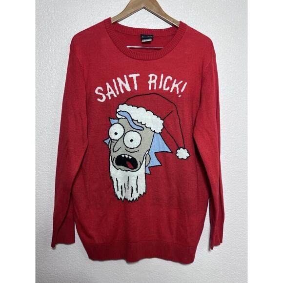 Rick and Morty Christmas Sweater Red Saint Knit Urban Outfitters Men Size Large - Picture 3 of 8